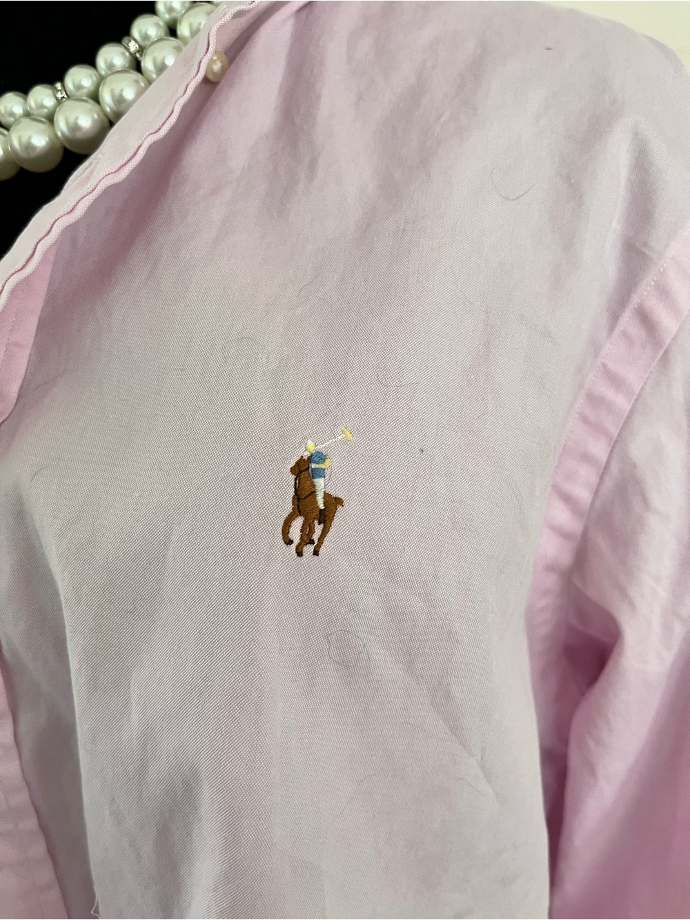 Upcycled Ralph Lauren Light Pink Button-Down Oxford Shirt Ruffle Collar - Picture 2 of 7
